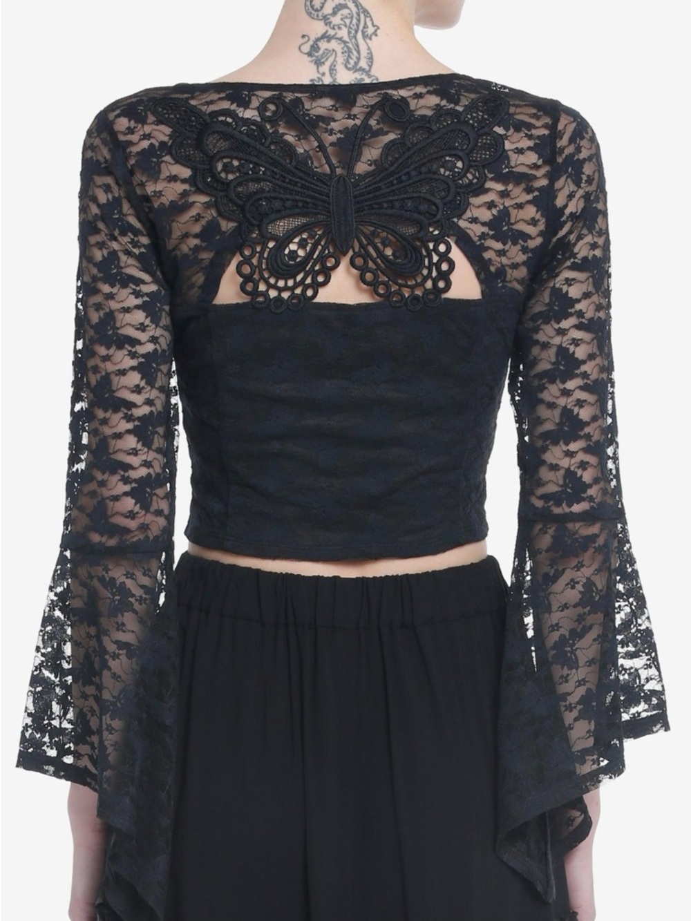 Cosmic Aura Black Butterfly Lace Bell Sleeve Crop Top Whimsigoth Goth Corset